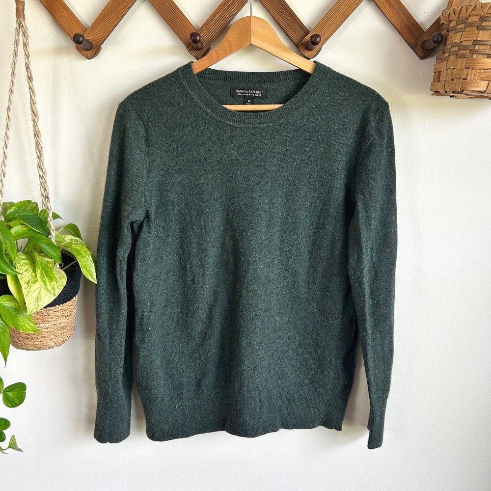 Banana Republic Mens Italian Merino Wool Blend Crewneck Sweater Green Medium